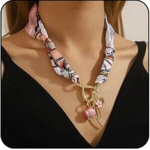 Scarf Necklace with Charm Heart Pendant Pink Scarf Necklace